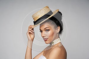 Beauty profile portrait of beautiful mixed race woman wearing chocker