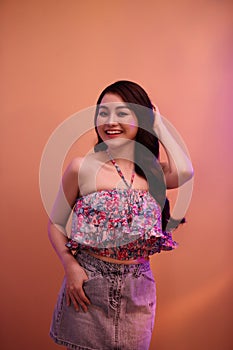 Beauty Rainbow woman silhouette. Neon profile portrait of young woman in a summer dress