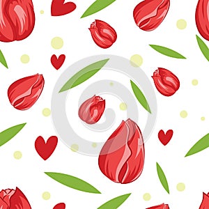 Beauty Red Tulips Seamless Pattern Vector Illustration. White Background