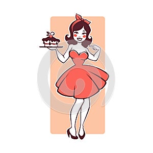 Beauty retro pinup cartoon girl holding a delicious tasty cake