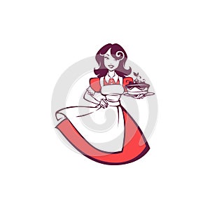 Beauty retro pinup cartoon girl holding a delicious tasty cake, for your logo, label, emblem