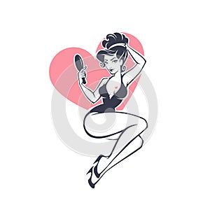 and beauty retro pinup girl holding a mirror on pink heart shape background for your logo or label design photo