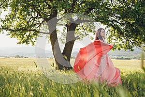 Beauty Romantic Girl Outdoors. Beautiful Teenage Model Dressed in Long Pink Dress on the Field in Sun Light. Blowing Long Hair.