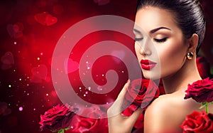 Beauty romantic woman with red rose flowers