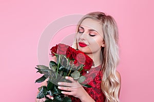 Beauty romantic woman with red rose flowers. Valentines day