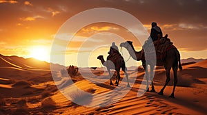 The Beauty of the Sahara - Bedouin Nomads Riding Camels Through the Saharan Dunes. Generative AI