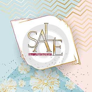 Beauty sale banner Elegant luxury golden sale text on a summer flowers specks background Luxury theme card banner for advertising