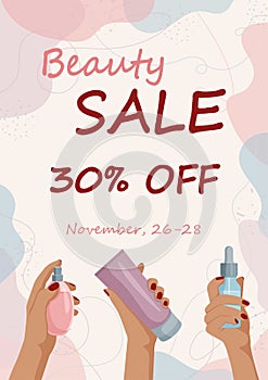 Beauty sale banner or poster design for beauty store, blog, magazine. Female hands holding different cosmetic product