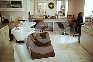 beauty salon with chairs, mirror and salon backwash unit