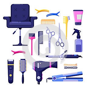 Beauty salon colorful icons vector design elements. Hair hairdresser tools and equipment isolated on white background