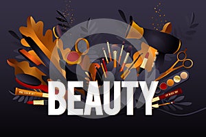 Beauty Salon. Colorful Makeup and Hair Style decorative illustration with haircut accessories and Make-up equipment with big white
