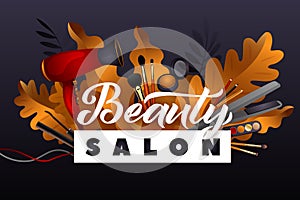 Beauty Salon. Colorful Makeup and Hair Style decorative illustration with haircut accessories and Make-up equipment with big white