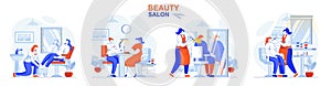 Beauty salon concept set. Hair coloring, professional make up, manicure, pedicure. People isolated scenes in flat design. Vector