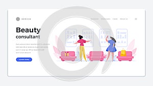 Beauty salon consultation home page template. Female character in blue dress makes selfie.