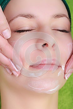Beauty salon. Cosmetician applying cream at woman face.