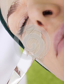 Beauty salon. Cosmetician applying facial mask at woman face.