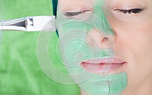 Beauty salon. Cosmetician applying facial mask at woman face. photo