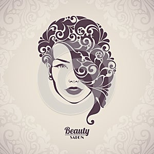 Beauty salon, cosmetics, spa logo. Beautiful elegant woman silhouette with ornamental hair.