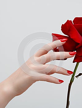 Beauty salon. Delicate hands with manicure holding pink flower