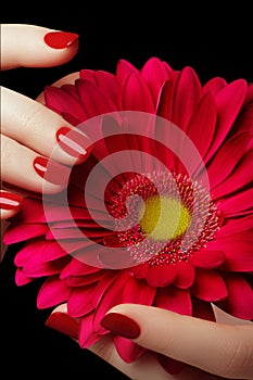 Beauty salon. Delicate hands with manicure holding pink flower