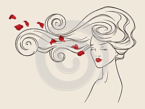 Beauty salon design. Portrait of pretty young woman with long beautiful eyelashes and splendid curly hair. Vector