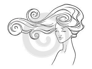 Beauty salon design. Portrait of pretty young woman with long beautiful eyelashes and splendid curly hair. Vector