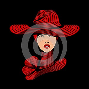 Beauty salon, fashion illustration. Beautiful woman with hat, collar decorations. Red color.
