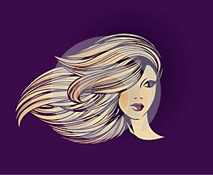 Beauty salon, hair studio, makeup, spa illustration. Beautiful, attractive blonde woman with long, wavy, flowing hairstyle.