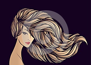 Beauty salon, hair studio, makeup, spa illustration. Beautiful, attractive woman with long, wavy, flowing hairstyle. Gold color.