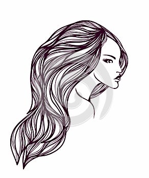 Beauty salon, hair studio, makeup, spa illustration. Beautiful, cute woman with long, wavy hairstyle.