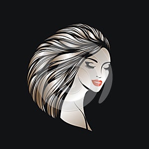 Beauty salon, hair studio, makeup, spa illustration. Beautiful dyed blonde woman with long wavy hairstyle.