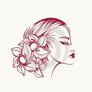 Beauty salon, hair studio, makeup, spa illustration. Beautiful woman with flowers in her bun hairstyle.