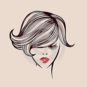 Beauty salon, hair studio, makeup, spa logo. Beautiful woman with short wavy hairstyle.