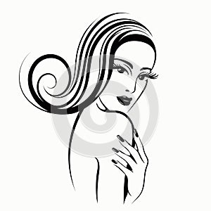 Beauty salon, hair studio, makeup, spa, nails art illustration. Beautiful woman with long wavy hairstyle.