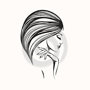 Beauty salon, hair studio, makeup, spa, nails art logo. Beautiful woman with long wavy hairstyle.