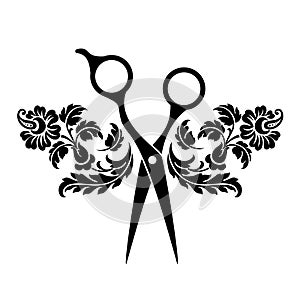 Beauty salon logo, barbershop logotype. Black scissors on white background. Hairdresser icon.