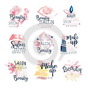 Beauty salon logo design, set of colorful hand drawn watercolor Illustrations