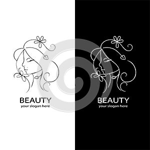 Beauty salon logo. Floral frame of young beautiful woman. Beautiful woman head abstract fram template cosmetics spa hair logo conc