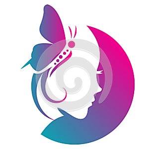 Beauty salon logo with girl face and butterfly on white background vector illustration