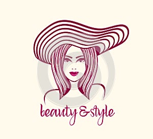 Beauty salon, makeup, fashion illustration. Beautiful, brunette woman with striped hat decoration. Long, wavy hairstyle.