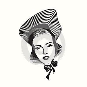 Beauty salon, makeup, fashion illustration. Beautiful woman with hat and ribbon bow decoration. Short, retro hairstyle.