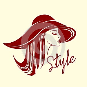 Beauty salon, makeup, fashion illustration. Beautiful woman with red hat decoration. Long, wavy hairstyle.