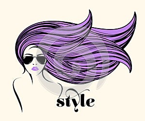 Beauty salon, makeup, fashion illustration. Beautiful woman with sunglasses. Long, dyed, wavy hairstyle.