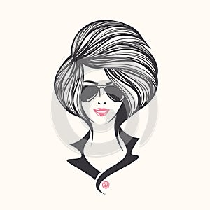 Beauty salon, makeup, fashion illustration. Beautiful woman with sunglasses. Long, wavy hairstyle.