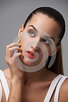 Beauty salon, manicure and face of studio woman thinking of facial cosmetics, skincare or nail paint treatment