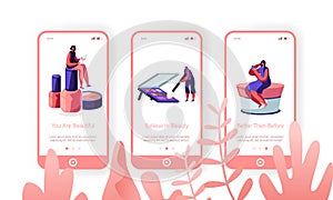 Beauty Salon Mobile App Page Onboard Screen Set. Female Characters in Make Up School Testing Skin Care Products in Beautician