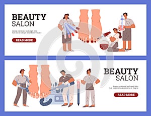 Beauty salon pedicure feet care procedure banners, flat vector illustration.