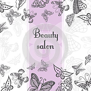 Beauty salon poster with butterfly. Card template can be used for spa center, yoga or fitness class, cosmetic concept. Vector illu