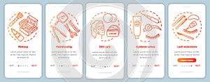 Beauty salon services red onboarding mobile app page screen vector template. Makeup, hairdressing parlor. Walkthrough