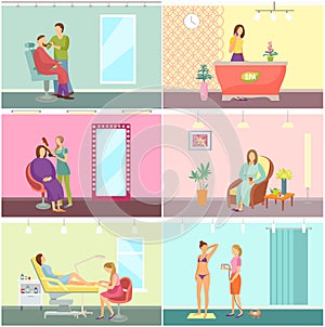 Beauty Salon and Spa Center Interior Cartoon Set